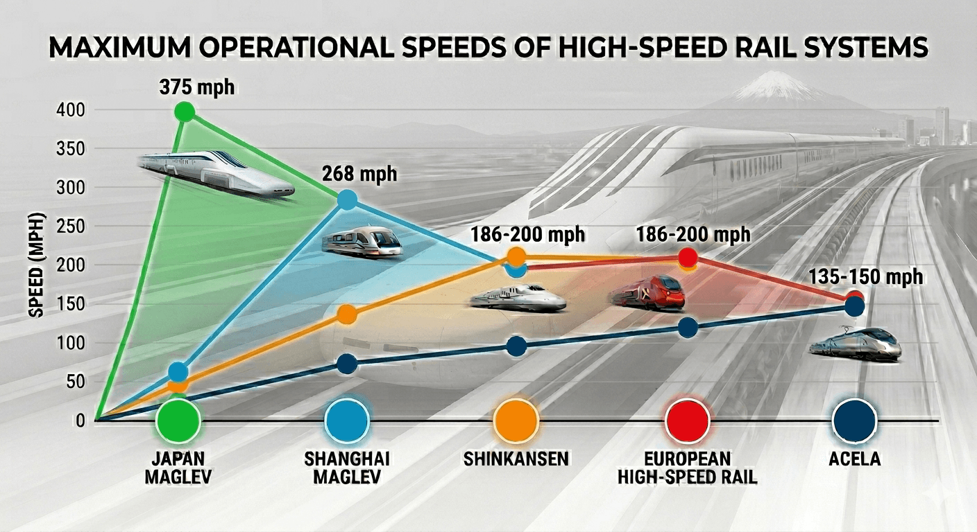 Maximum operational speeds of high-speed rail systems: Japan Maglev, Shanghai Maglev, Shinkansen, European HSR, and Acela